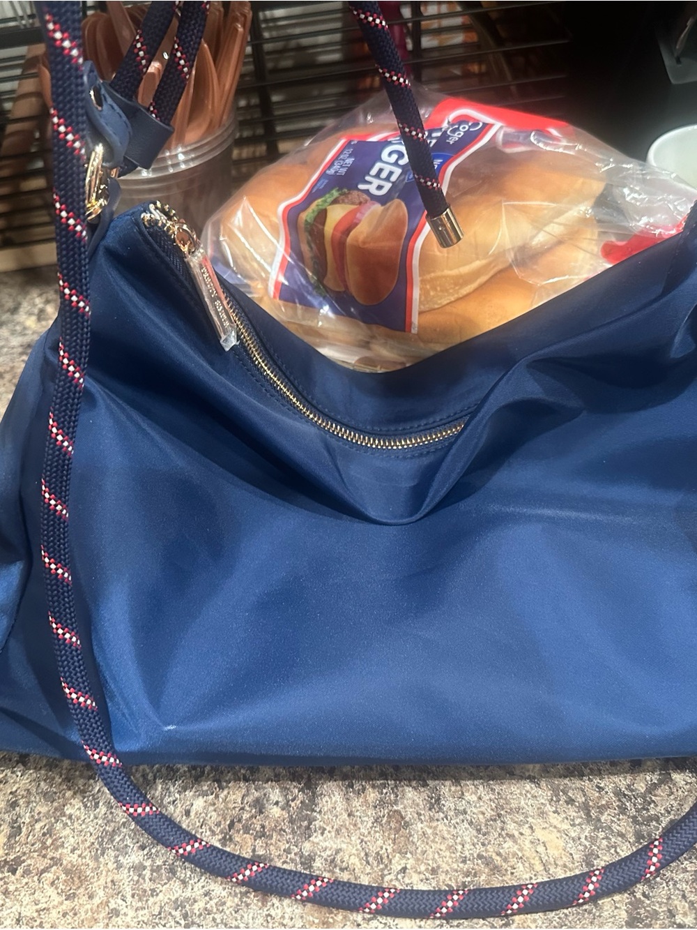 Navy Blue Nylon Shoulder Hobo Bag with Braided Strap